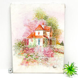 Vintage Cottage Painting / Vintage Floral Painting / Vintage Acrylic Painting